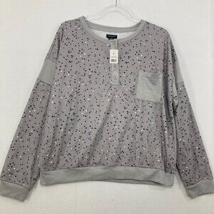 New Splendid Large Gray Blue Polka Dot Stretch Henley Slouchy Pullover Top
